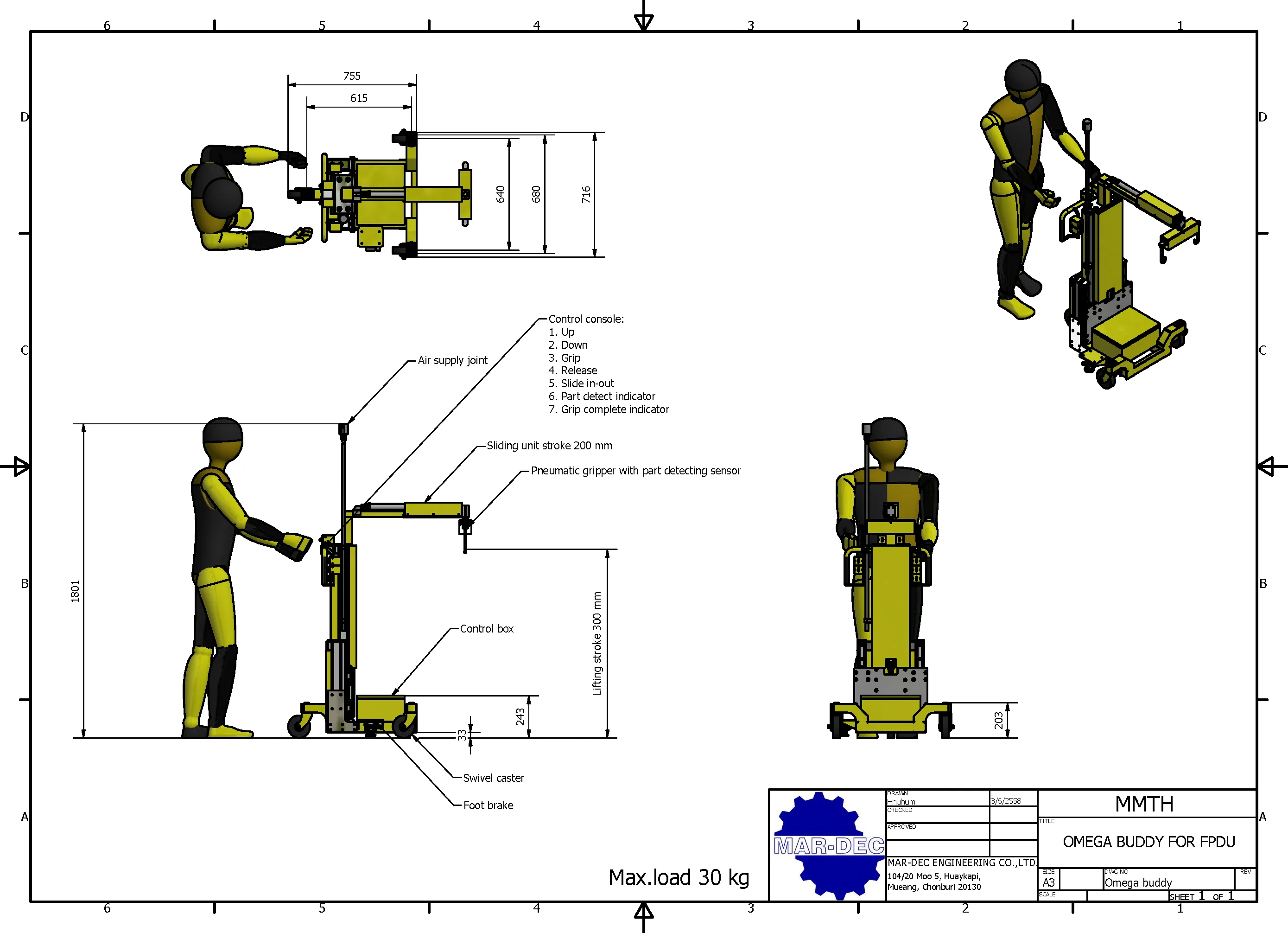 Manufacturer engineering drawing of the Mar-Dec Omega Buddy manipulator for FPDU handling, with dimensions, control console and sensors