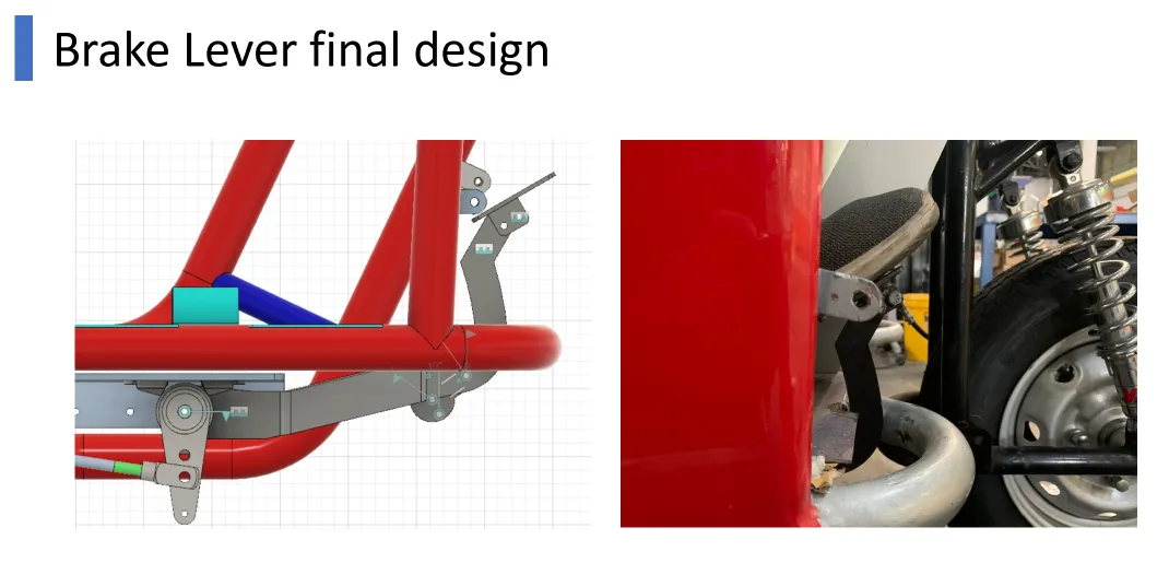 Brake lever final design, CAD and installed on the vehicle
